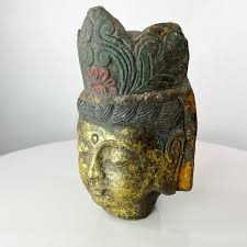 Salvaged Stone Golden Buddha Head Sculpture Ornately Carved ...