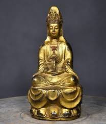 8.3" Old Antique Tibetan Buddhism temple Bronze gilt guanyin ...