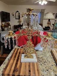 Vintage Victorian Candelabra Ornate Brass Floral Bouquet & Crystal Prisms | eBay