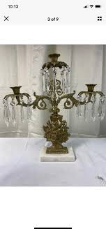 Antique Brass Gilt Girandoles Set 3 Candelabra Crystal Prism Marble Base Marked | EstateSales.org