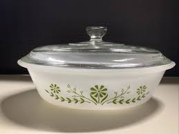 1 Qt Casserole Jeanette Glasbake Milk Glass w/ Green Daisy + ...