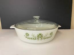 Glass Bake Casserole 7" Green Daisies Oven Proof ...