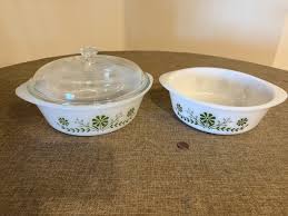 2 Vintage Glasbake Green Floral Pattern 2qt w/lid & 1.5qt ...