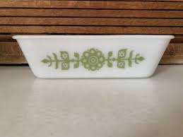 Vintage Glasbake Milk Glass 1.5 Qt. Bread/Loaf Pan w/ Green ...
