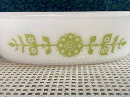 Vintage Glasbake Green Flower Medallion Oval Milk Glass ...