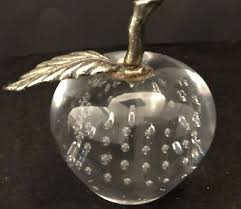 Vintage Clear Art Glass Apple Paperweight w/ Silver Metal Stem & Leaf | eBay