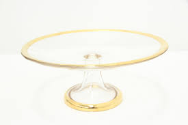 Footed Vintage Glass Cake Pie or Pastry Stand, Gold Rim