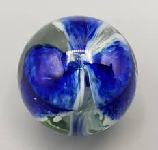 Art Glass Paperweight Small Sphere Blue White Flower with Controlled Bubble | eBay
