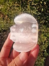 3" Natural Selenite Hand carved Owl Skull crystal reiki ...