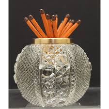 Vintage English Cut Glass Match Striker Holder With Brass Trim Top