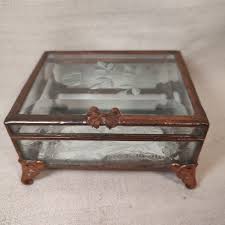 Antique Beveled Engraved Glass Copper Trinket Glove Box Floral The Glass Haus | eBay