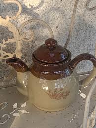 Glazed Ceramic Teapot, Beige and Brown, Vintage Floral ...