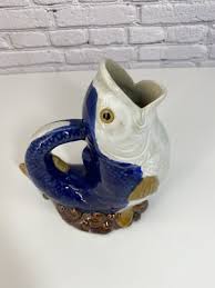Vintage Gurgle Fish Stoneware Pitcher Jug Gluggle Glug Vase Blue White Cod MCM | eBay Australia