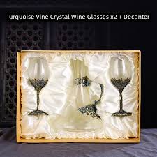 Turquoise Vine Crystal Wine Glasses with Decanter Suitcase Set - MASU