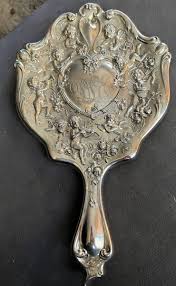 Victorian Silver Metal Hand Mirror w Repousse Cherub ...