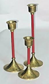 Set 3 vintage graduated Height mcm red stem brass ...