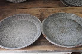 antique grey graniteware enamel pie pans or camp plates, vintage enamelware