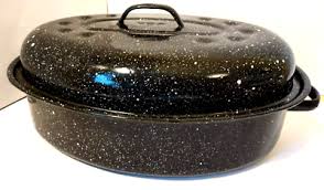 LARGE Graniteware Roasting Pan Black Speckled Enamel Metal ...