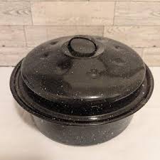 VINTAGE Black Speckled Enamel - Small Oval Roaster Pan W/lid USA Farmhouse Chic - Etsy