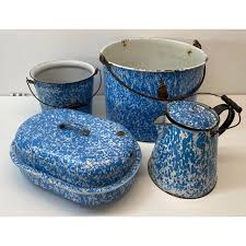 Early 20th Century Blue & White Graniteware Four Pieces | Chairish