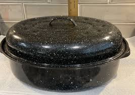 Vintage Enamel Ware Roasting Pan Graniteware Black Speckled ...