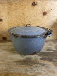 HUGE Gray Graniteware Enamelware Bucket Stew Pot Kettle w ...