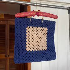 Navy blue tan and cream crochet granny square bag... | Depop