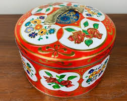 Red and Gold Decorative Floral Tin With Lid | Vintage Lidded ...