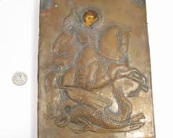 Antique Religious Russian Icon ST GEORGE Copper Oklad ...