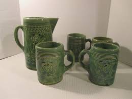 McCoy Pottery Green Grape Stoneware Water Pitcher 8 1/2" and 4 mugs 1920s | eBay