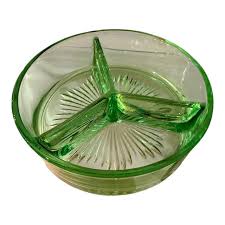 Mid 20th Century Uranium Green Depression Glass Divided Dish Bowl | Chairish