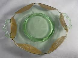 Green Depression Glass Two Handled Small Plate Gold Trim - Etsy