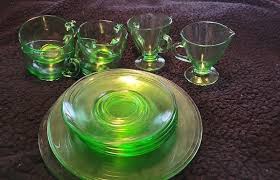 Set Of 14 Uranium Glass Cups Plates Saucers Dessert Dish Glows Green Vaseline | eBay