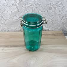 Teal Glass Canister, 12 Sided Glass Canister, Wire Bale ...