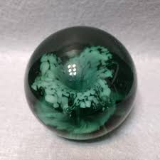 Large Green Glass Dump Paperweight With Flower, Handblown ...