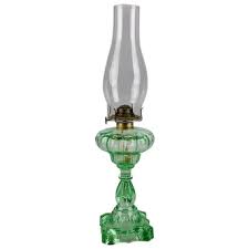 Similar Items to Green Glass Oil Lamp With Chimney Period Style Reproduction With Older P & A Burner
