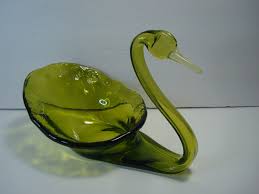 Vintage Hand blown Art Glass Green Swan Candy Dish Bowl | eBay