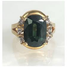 18K Yellow Gold Oval Cut Green Sapphire Diamond Ring. For ...
