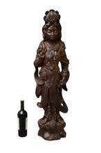 Sold at Auction: Terracotta Figure of Guanyin - Terracotta pottery with a warm bronzed glaze surface. 38" h x 11" w. Condition: A few discrete chip to base edge.