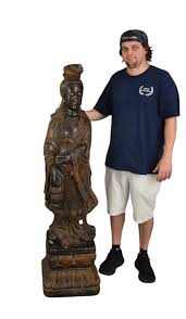 Sold at Auction: Quan Yin Plaster Sculpture on Lotus Form Stand, signed "Attilas 71". 61 1/4" h