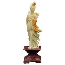 Similar Items to Antique Green Red Soapstone Carved Kwan Yin Figurine