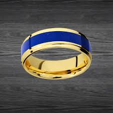 Yellow Gold Lapis Lazuli Ring Mens Wedding Band Tungsten Ring 14K Gold– Pillar Styles