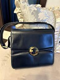 GUCCI Leather Shoulder Bag Dark Navy Gold Logo G Hardware | eBay