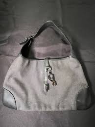 GUCCI KANDENSKY BLACK LEATHER GRAY DENIM METAL CLIP TOTE ...