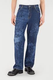 Jeans With Dragon And Floral Pattern in Dark blue for Men | Roberto Cavalli®