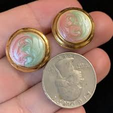 Vtg Guilloche Glass Enamel Pink Green Swirl Gold Tone Post ...