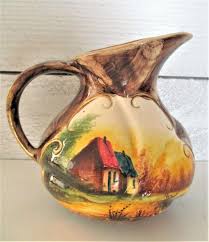 Vintage Belgium Pottery Pitcher Vase Gold Accents Houses H ...