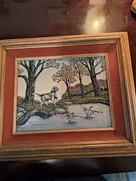 H. Hargrove Oil Painting Dog And Ducks With Wood Frame | eBay