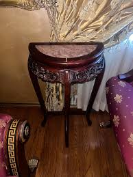 Chinese red rosewood plant table half round 36X19 Marble top In good condition Woodcarving Mid 20th