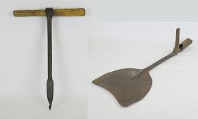 OLD HAND DRILL TIN AND SPADE IRON FOOT STAND ...